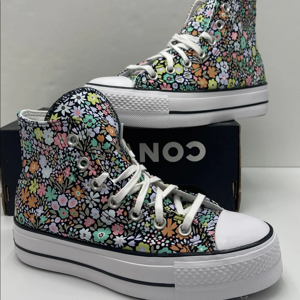 Converse Floral Platform High Top Sneakers - Black with Pastel Flowers